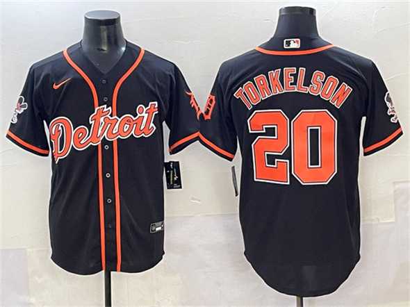Mens Detroit Tigers #20 Spencer Torkelson Black With Patch Cool Base Stitched Jersey